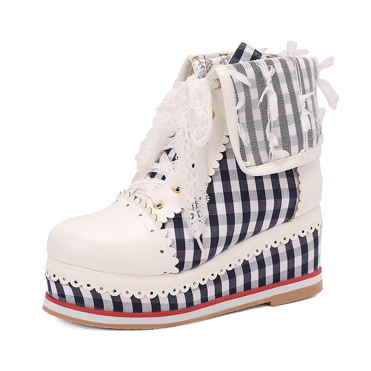 7cm Kilehæl Rund Tå Korte Støvletter Rutete Sløyfe Blonder Stoff Lær Spleis Enkel Sko Hverdagsbruk Casual Damesko 35-45
