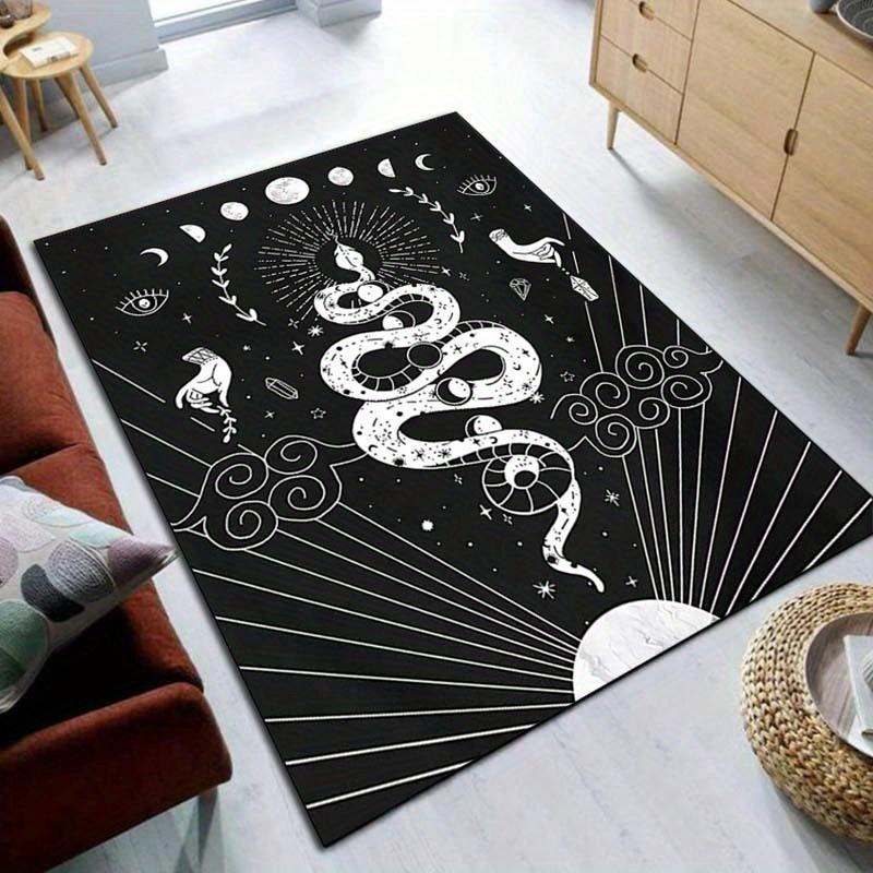 Elegant Snake and Moon Celestial Rug for Boho Chic Rooms  Spiritual Black and White Carpet  Mystical Decor Skid resistant carpet