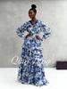 Damen Sommer Rüschenärmel Patchwork Retro Midi Kleid mit Bindegürtel