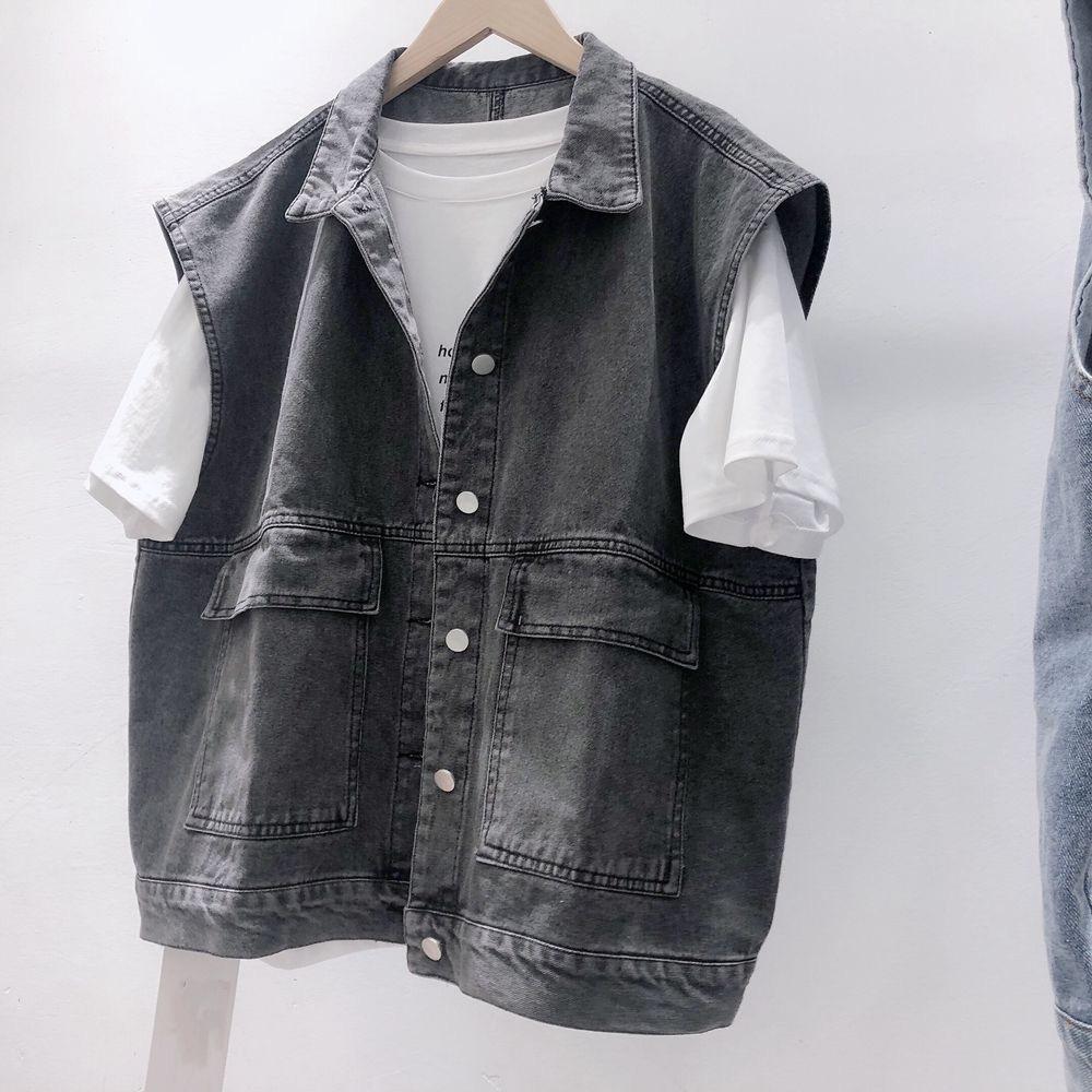 Retro Style Denim Jacket Vest Waistcoat Women Sleeveless Casual Japanese Versatile Clothes Outwear Denim Cargo Tops