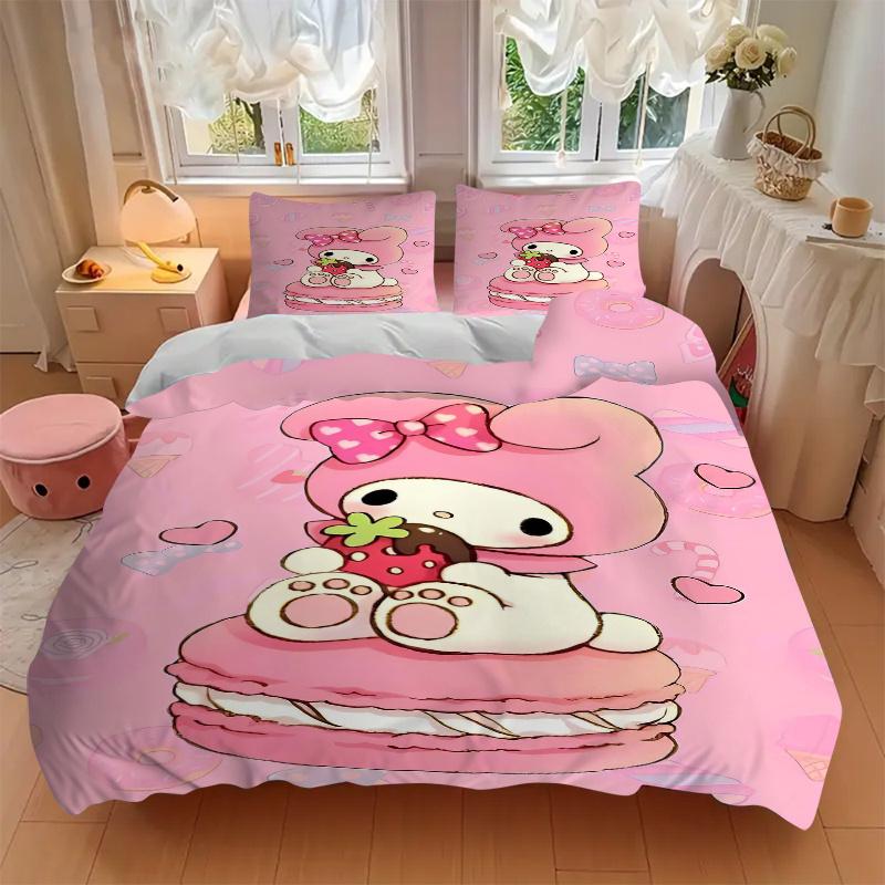 3pcs My Melody On a Pink Macaron Pattern Bedding Set, 1* Cover + 2*Pillowcases, Printed Bedding Set, Soft and Comfortable.S068