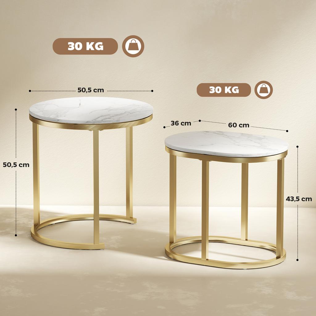 Tischset mit Stahlrahmen und Tischplatte aus Kunstmarmor, Modernes Kaffeetisch-Set aus 2 Teilen, Goldfarben/Weiß