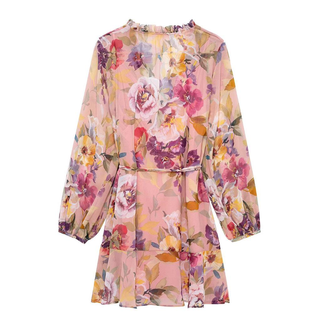 2025 Women's Floral Print V-Neck Ruffle Layered Long-Sleeve Dress