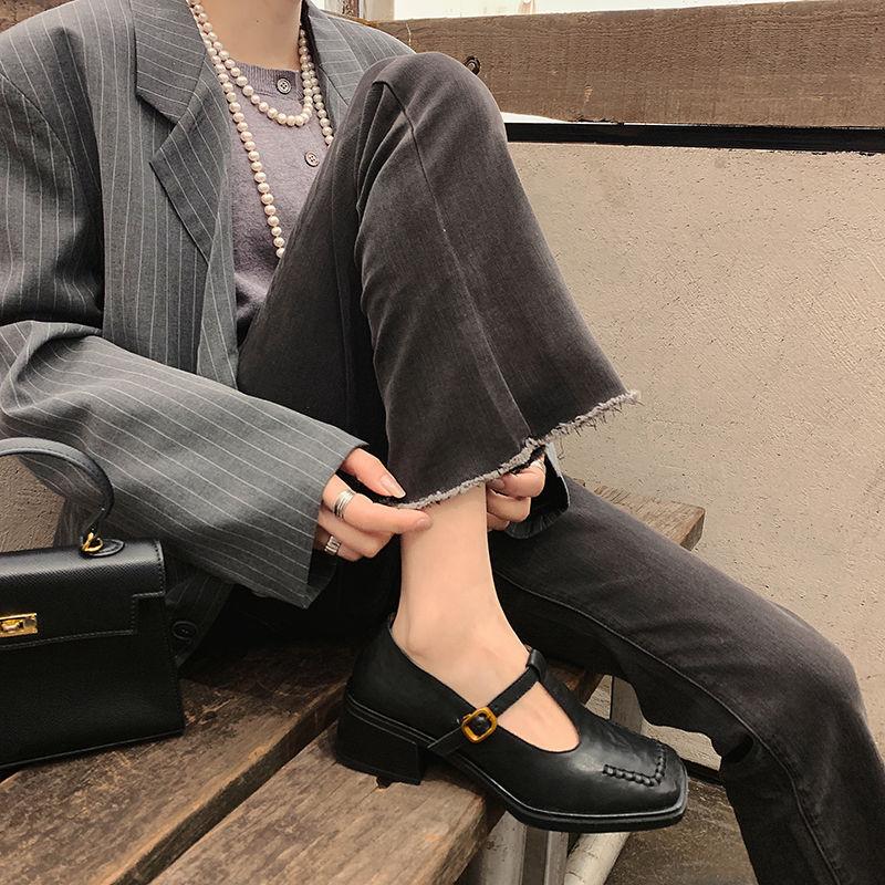 

New women s fashion single shoes non-slip soft sole medium heel sheepskin women s shoes casual solid color square heel four seasons small leather s 40 чёрный