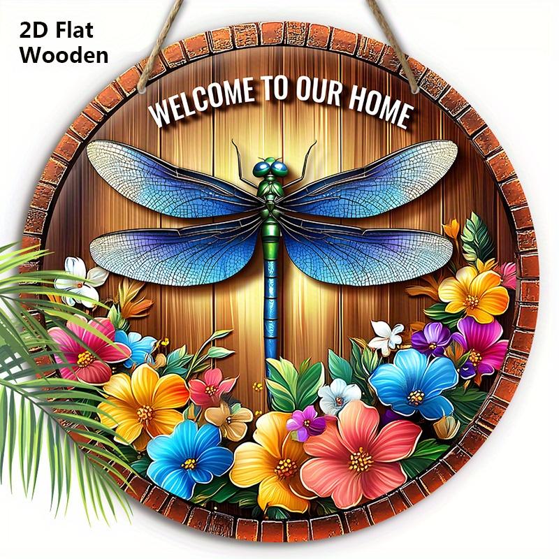 

Rustic Wooden Welcome Sign with Dragonfly & Flowers Pattern - Charming Decorative Hanging Plaque for Front Door, Wall Decor 20cm/7.87in синий