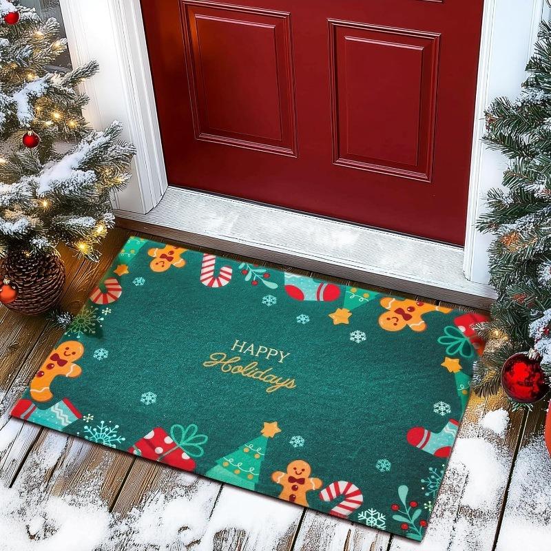 Christmas Themed Door Mat With Festive Patterns Like Candies Christmas Trees Balls Bells Non Slip Welcome Entrance Rug