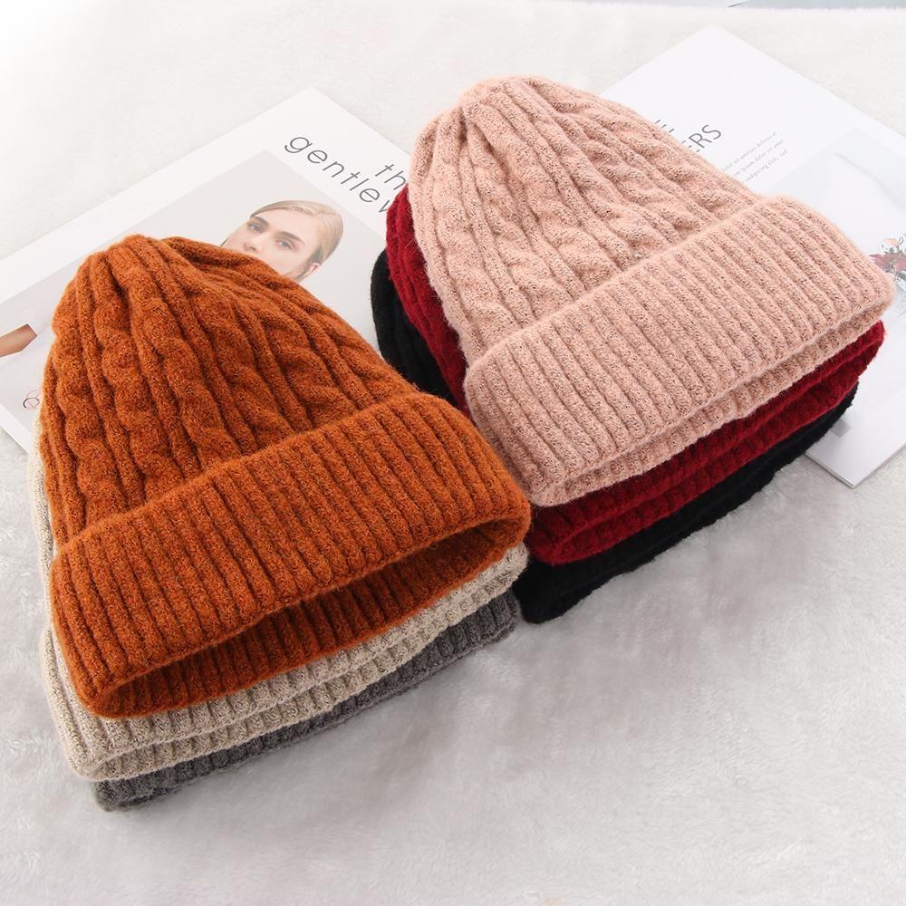 Color Winter Warm Casual Ski Hats Wool Knitted Beanies Slouchy Bonnet Thick Fleece Hedging Cap