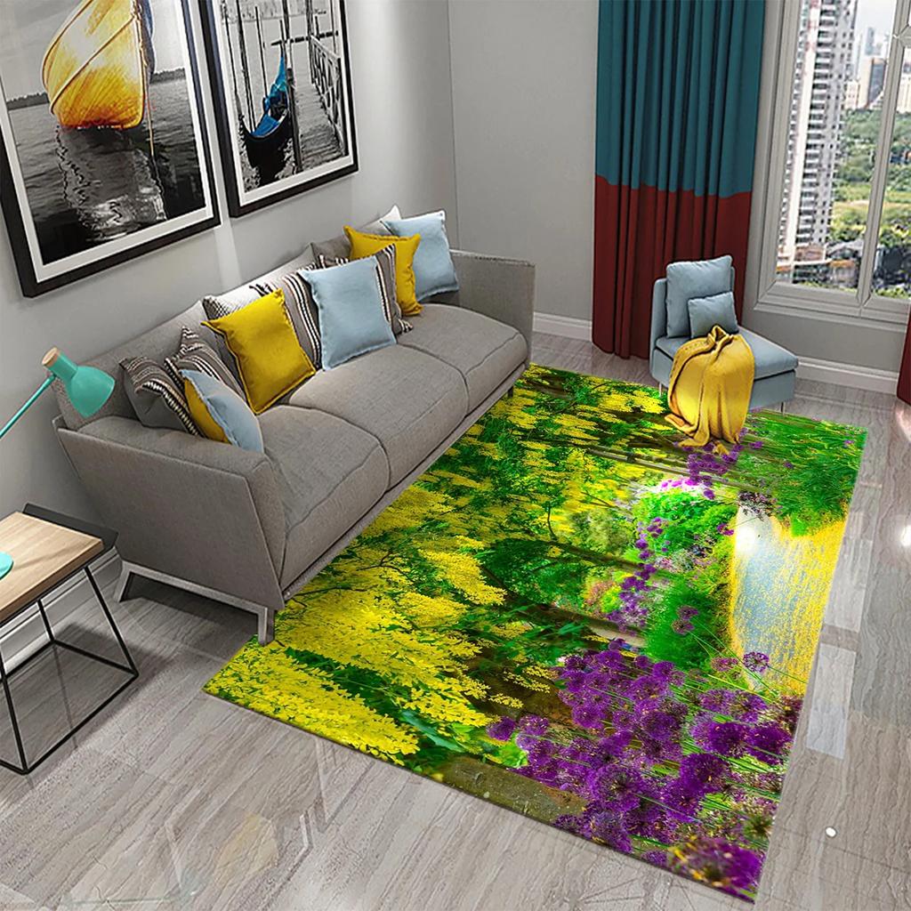 3D Garten Thema Teppich Bunte Blumen und Pflanzen Teppich für Schlafzimmer Bodenmatte Fußmatte Badezimmer Rutschfeste Matte Teppich Heimdeko