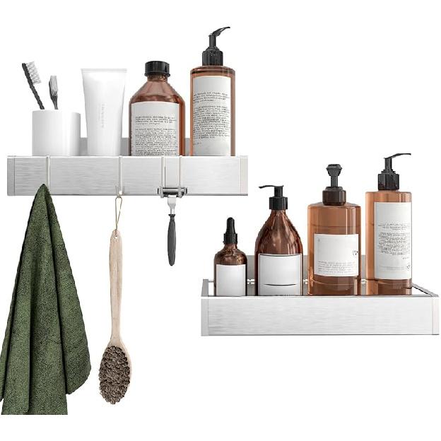 Shower Caddy, Adhesive Shower Organizer with Hooks, Shower Shelves for Inside Shower, No Drilling Shower Rack Holder, Shower Storage for Bathroom,
