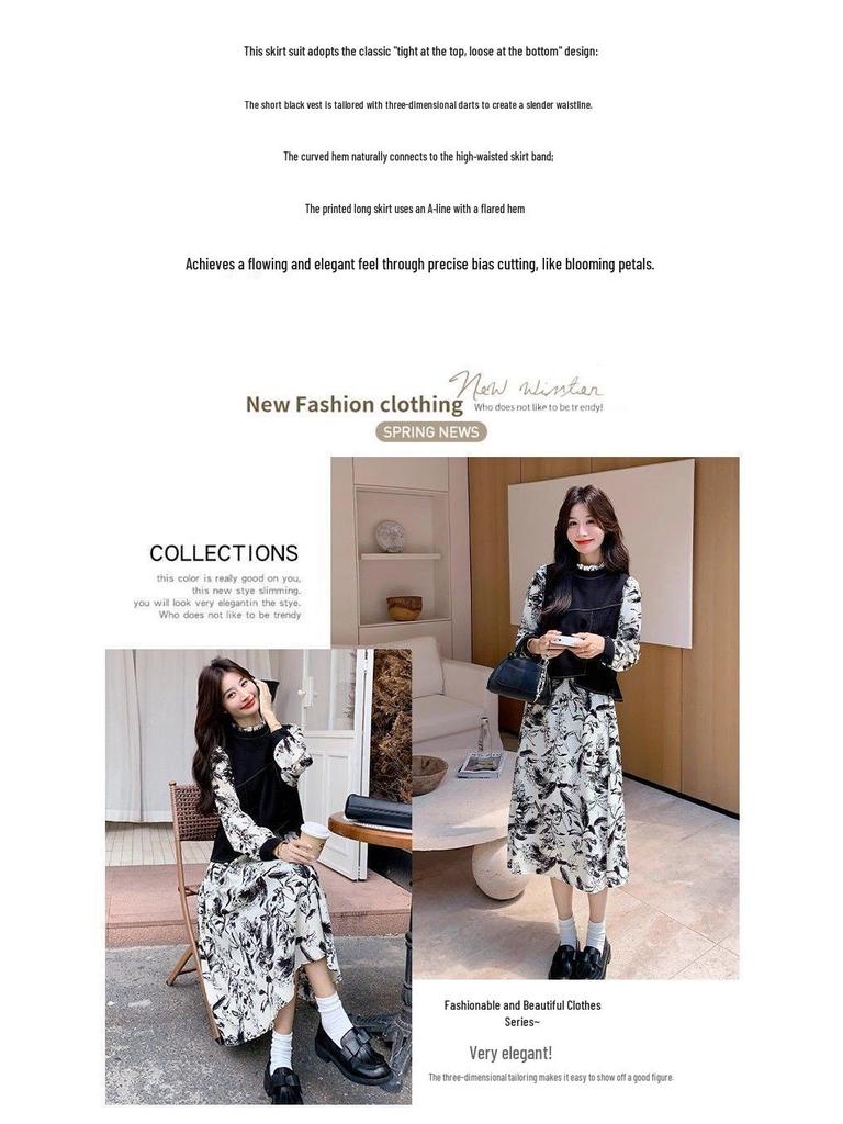 Autumn 2025 Retro Ink Wash Print Two-Piece Long Sleeve Dress for Women - Elegant High-End, Slimming Long Skirt