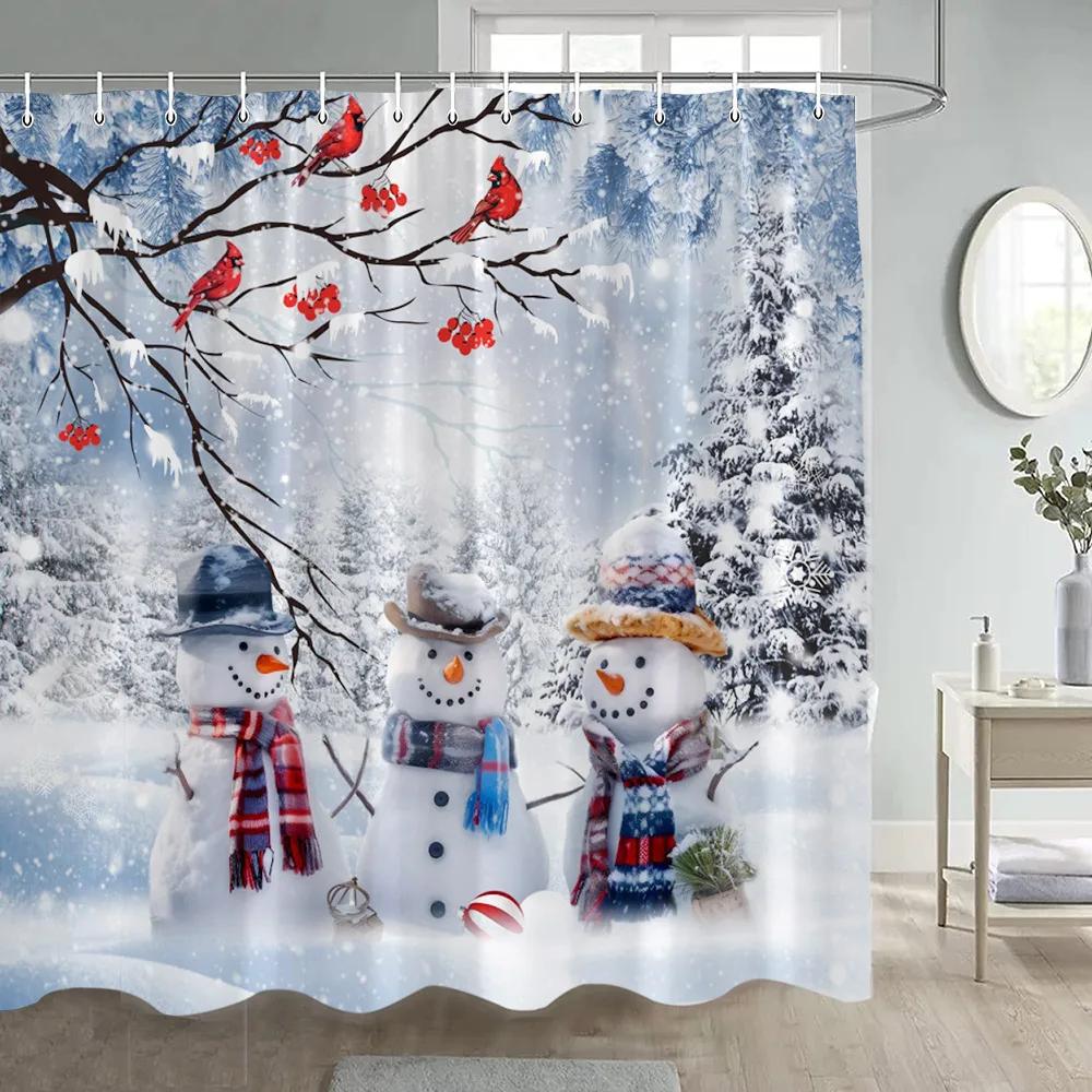 Zima Vánoce Sprchový závěs Legrační sněhulák Xmas Trees Krbové auto Lesní Snowy Scéna Nový rok Holiday Home Dekorace koupelny