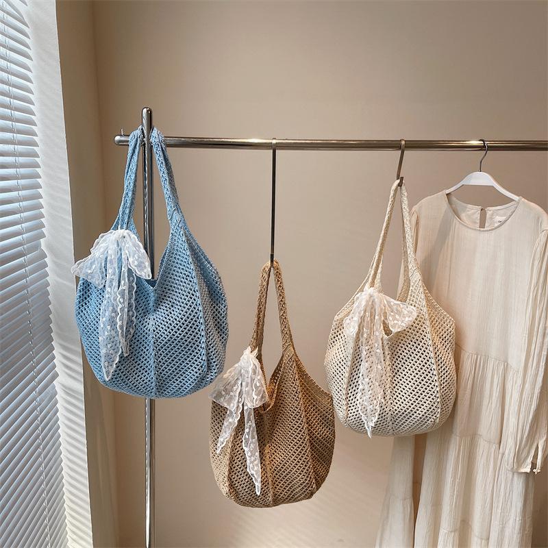Women Crochet Tote Candy Bag Fashion Knitted Large Capacity Woven Shoulder Bags Solid Color Simple Shopping Bag for Summer Beach