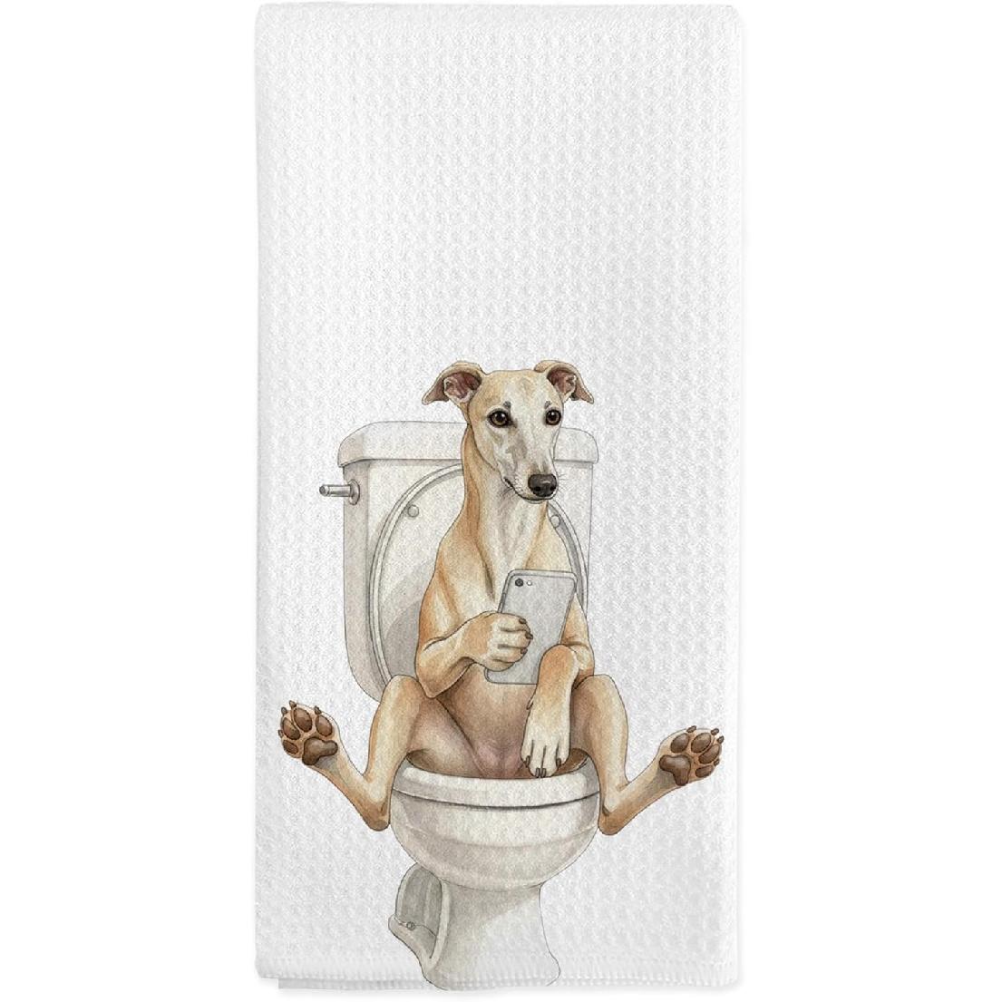 Funny Greyhound Gifts Dog Hand Towels for Bathroom Decor, Italian Greyhound Dog Dish Tea Towels, Funny Greyhound Looking at Phone Hand Towel for