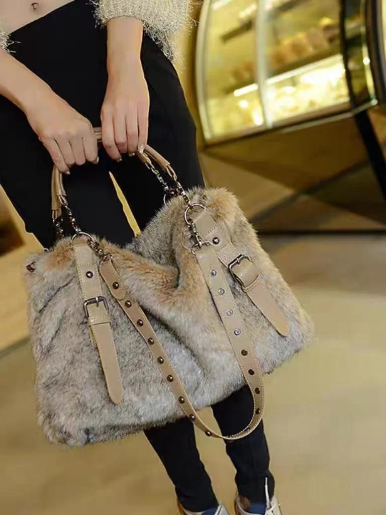 Autumn Winter Large Capaci Faionable Korean Sle Handbag Tote Bag Commuter Oulder Crossbody Bag with Artificial Fur