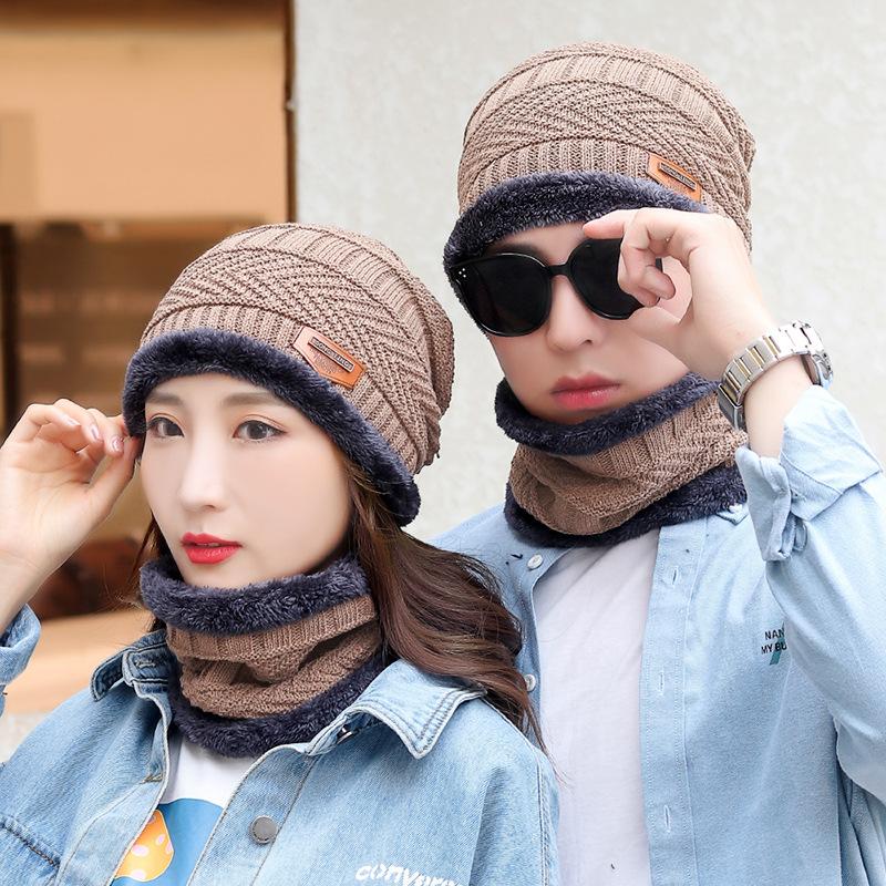 Unisex Hat Winter Youth Warm Thick Knitted Wool Hat Plus Velvet Autumn and Winter Cotton Hat Cold-proof Neck Scarf Ear Protection Hat