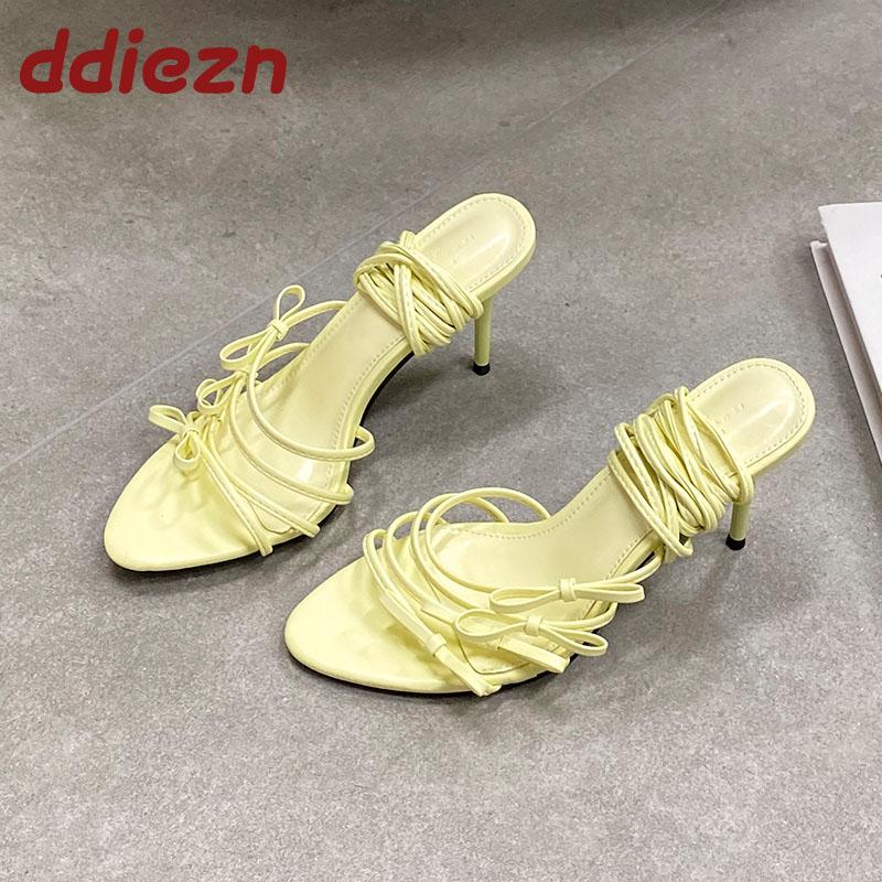 Fashion Fashion Cross-tied Women Thin  Heels Sandals Shoes Female Round Toe Footwear Butterfly-Knot Ladies High Heels Sandals Shoes