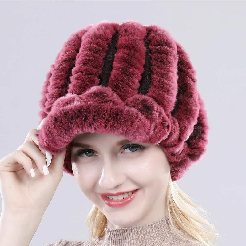 Lady Real Rex Rabbit Fur Hat Winter Knitted Natural Rex Rabbit Fur Caps Russia Women Warm Real Fur Beanies Hats