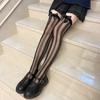 JK Women Sheer Silky Vertical Stripes Over Knee Long Socks with Cute Bowknot Japanese Lolita Leggings Thigh High Stockings