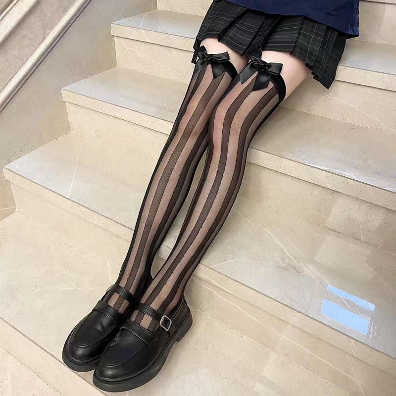 JK Women Sheer Silky Vertical Stripes Over Knee Long Socks with Cute Bowknot Japanese Lolita Leggings Thigh High Stockings