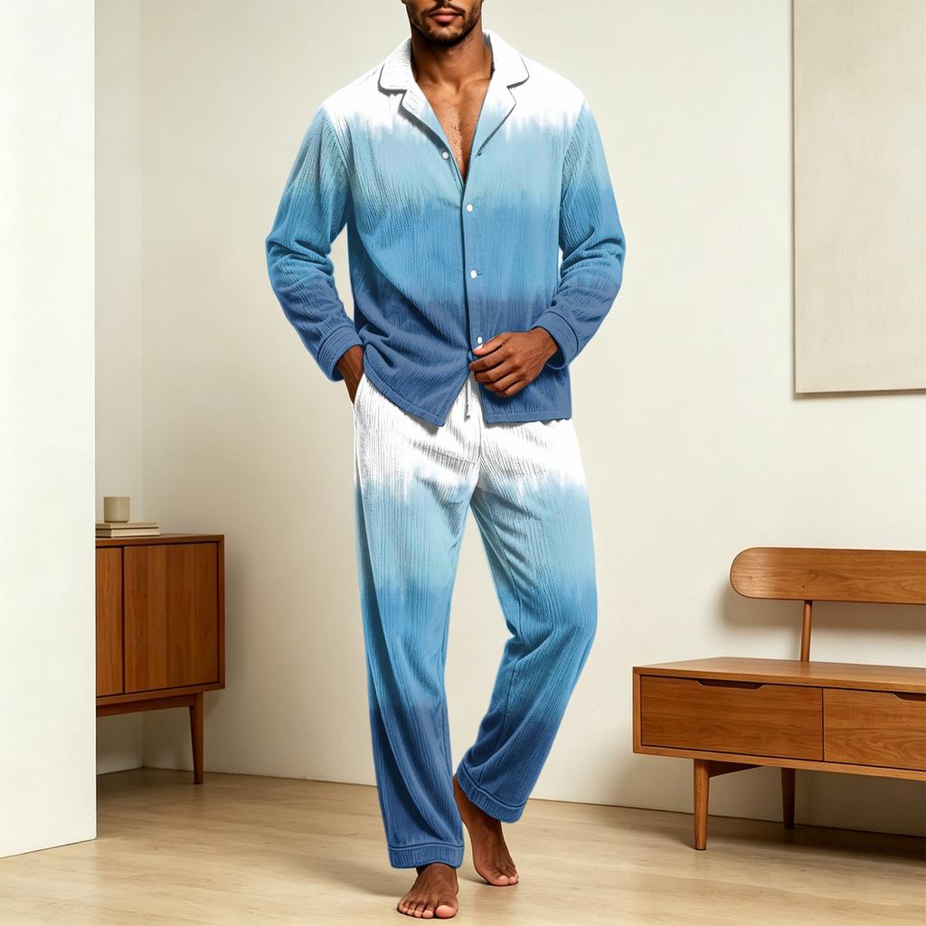 Men's Casual Pajama Set with Loose Fit Corduroy Pants and Printed Long Sleeve Lapel Collar Button-Front Top