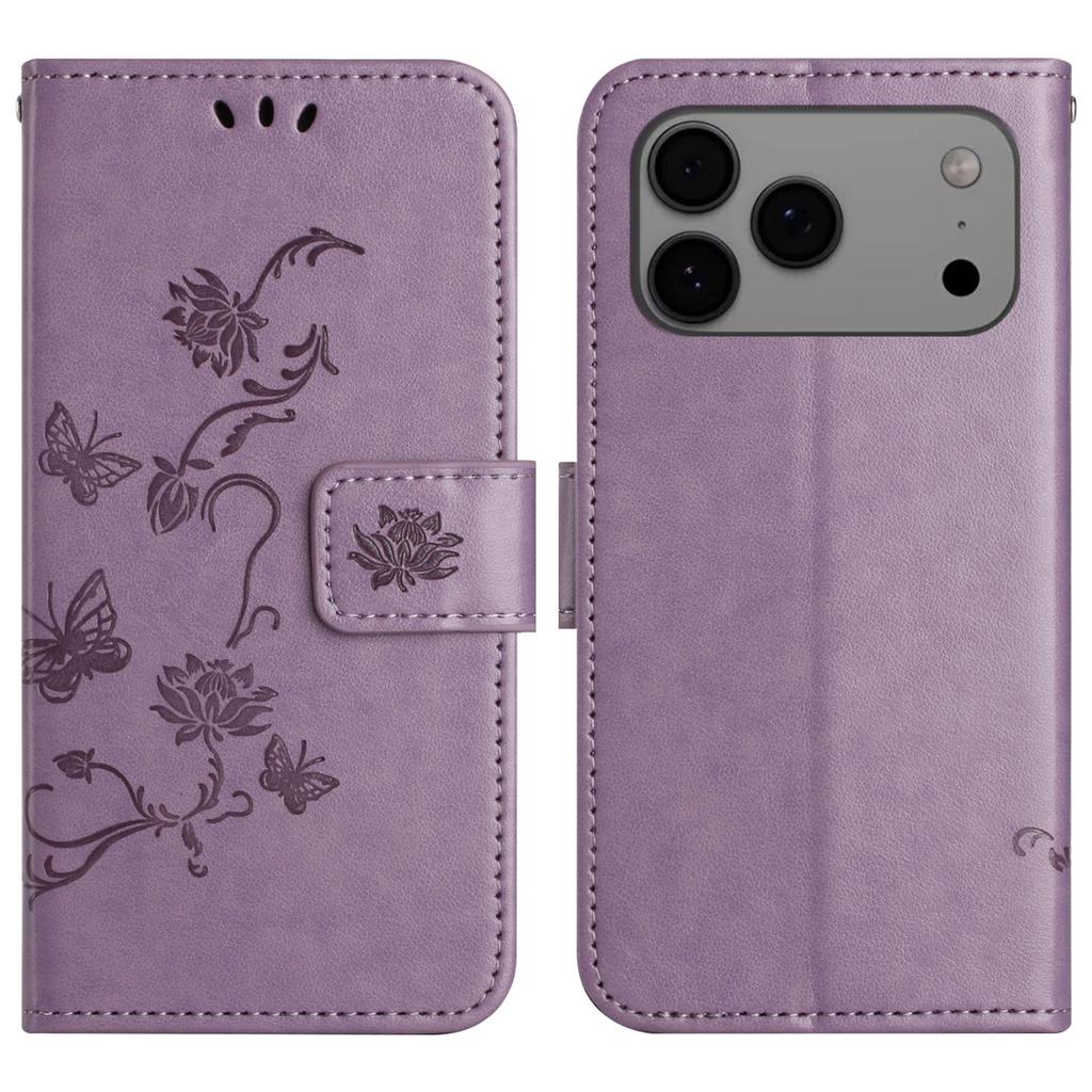 For iPhone 17 Pro Max Case Wallet Stand Imprinted Butterfly Flower PU Leather Phone Cover