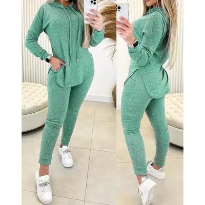 2-częściowy zestaw damski strój 2024 wiosenna moda rozcięcie u dołu długi rękaw bluza z kapturem i swobodny kieszonkowy design spodnie z wysokim stanem zestaw