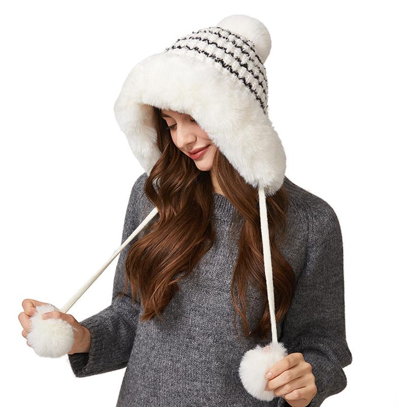 Knitted Hat Winter Big Hair Collar Thick Wool Hat Women's Three Hair Ball Warm Hat