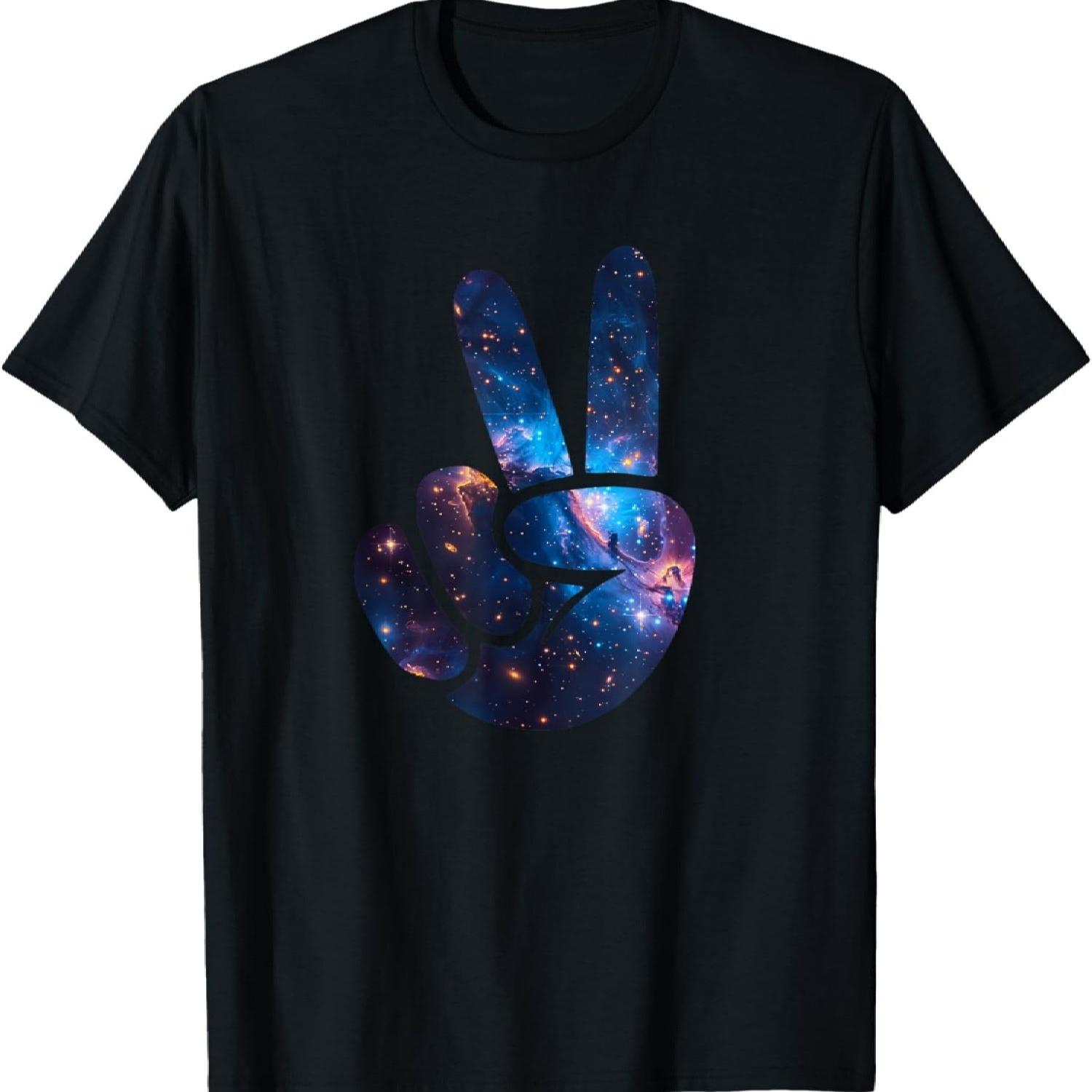 Aesthetic Silhouette Stars Space Galaxy Peace Sign Hand T-Shirt(5) S чёрный