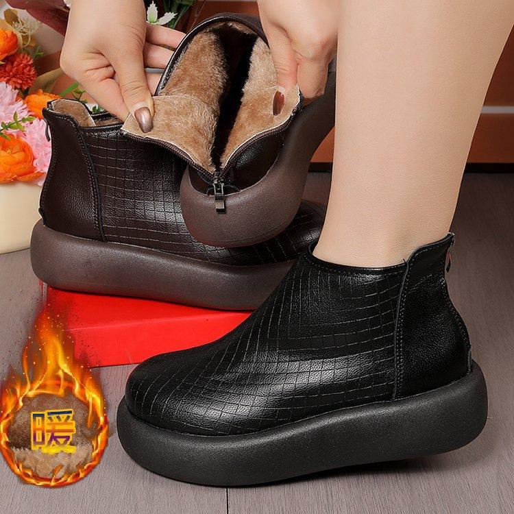 Small Short Boots Autumn and Winter New Retro Wedge Heel Thick Sole Heightened Zipper Cotton Boots Velvet Warm Martin Boots
