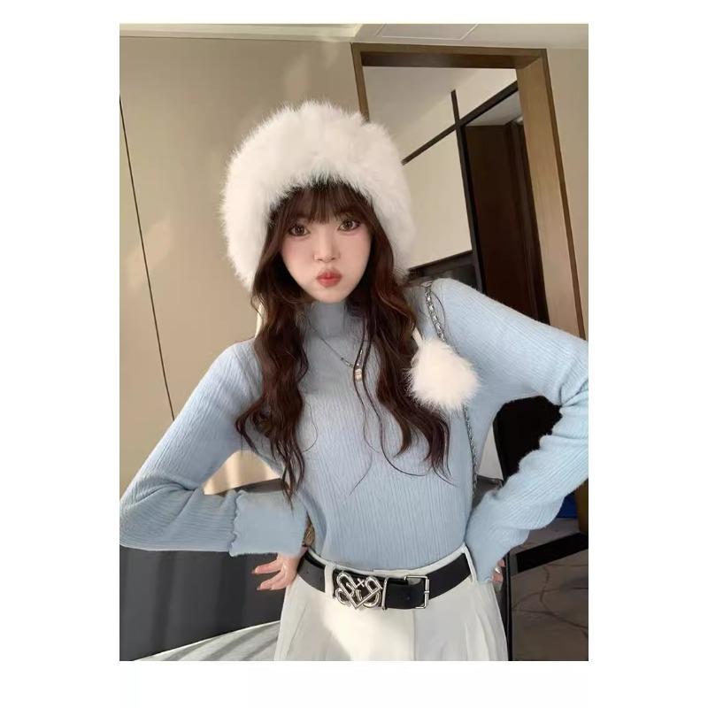 White Bottomed Shirt Women's New Autumn and Winter with Semi-turtleneck Sweater with Fungus Edge Knitted Sweater Top