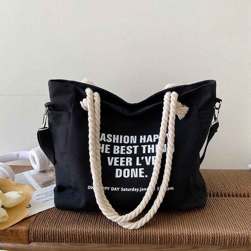 

Женская холщовая сумка-тоут: Большая вместимость, Простой стиль, Ручка из пеньковой веревки, Сумка через плечо - Модный корейский стиль чёрный