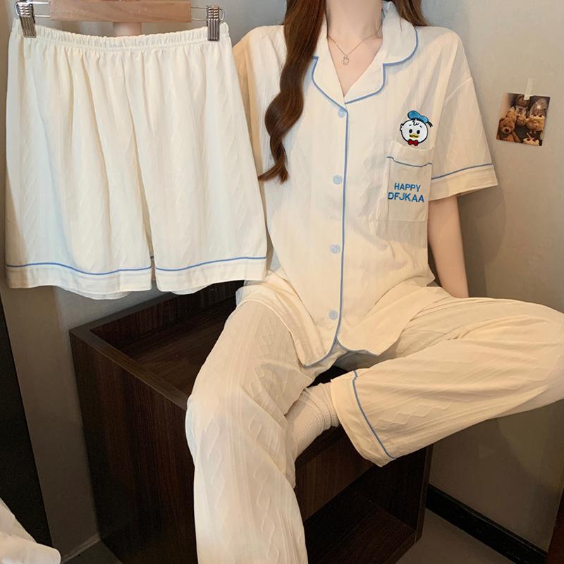 Donald Duck Cartoon Pajamas Women's Summer New Imitation Cotton Jacquard Cute Loungewear Short-sleeved Three-piece Set