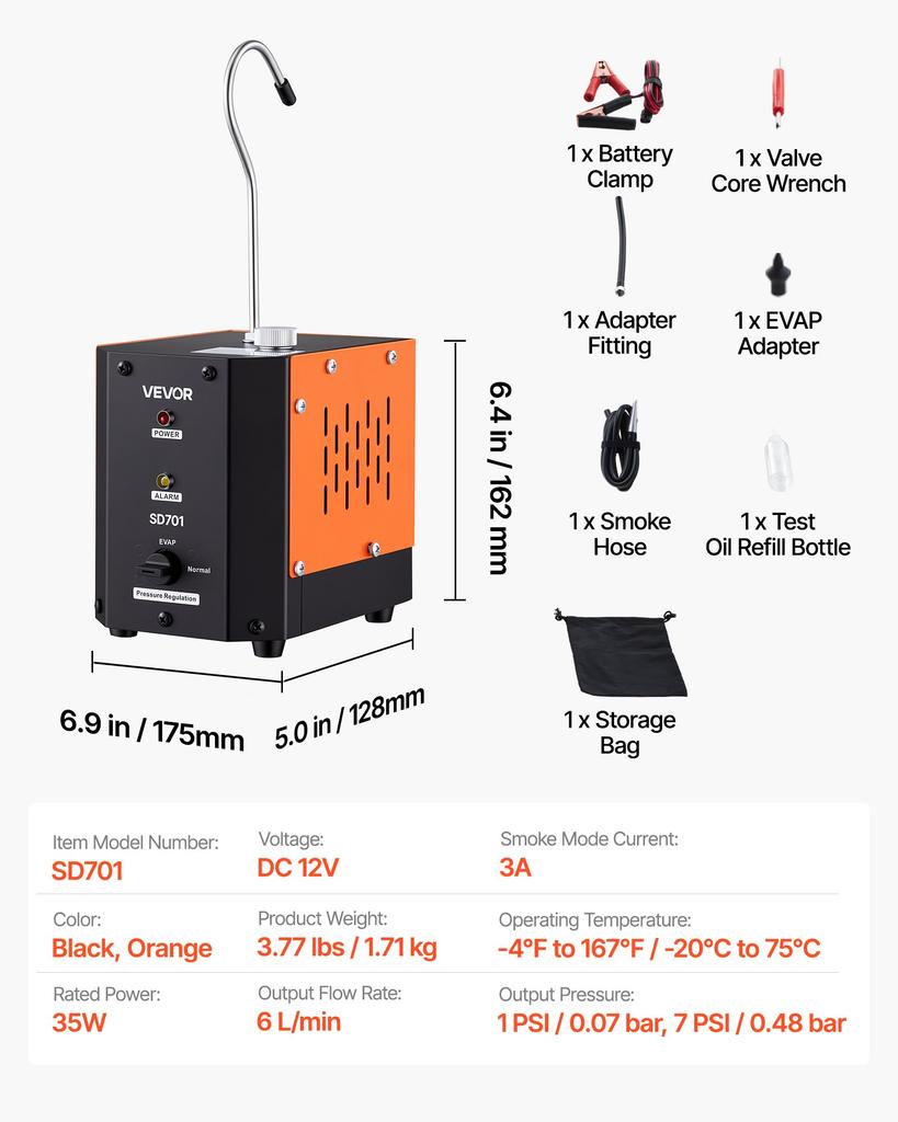 VEVOR Automotive Smoke Machine Leak Detector, DC 12V EVAP Vacuum Diagnostic Tester with Built-in Air Pump, Adjustable Pressure