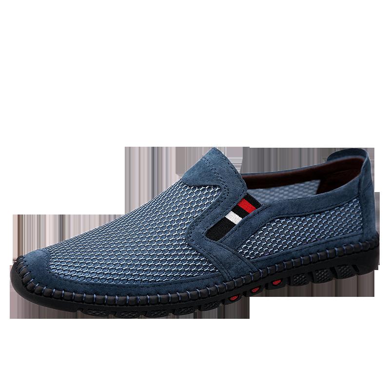 

Men s round head cowhide + mesh shoe sleeve breathable flat heel casual men s hiking shoes hollow breathable shoes 47 темно-синього кольору