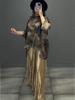 2026 European Summer Stylish Printed Long Sleeve Top & Pleated Wide-Leg Trousers Two-Piece Set for Women