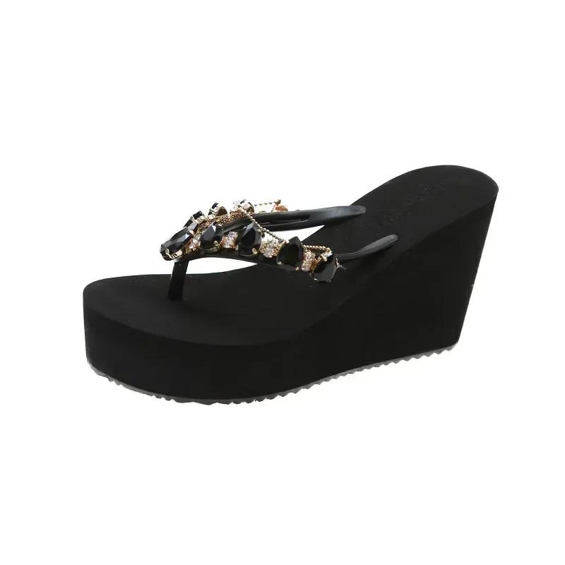 Slippers Dames Hoge Hak Slippers Dames Diamant Helling Hak Slippers Elegant Strand Sandalen Dames Sexy Schoenen 39 black