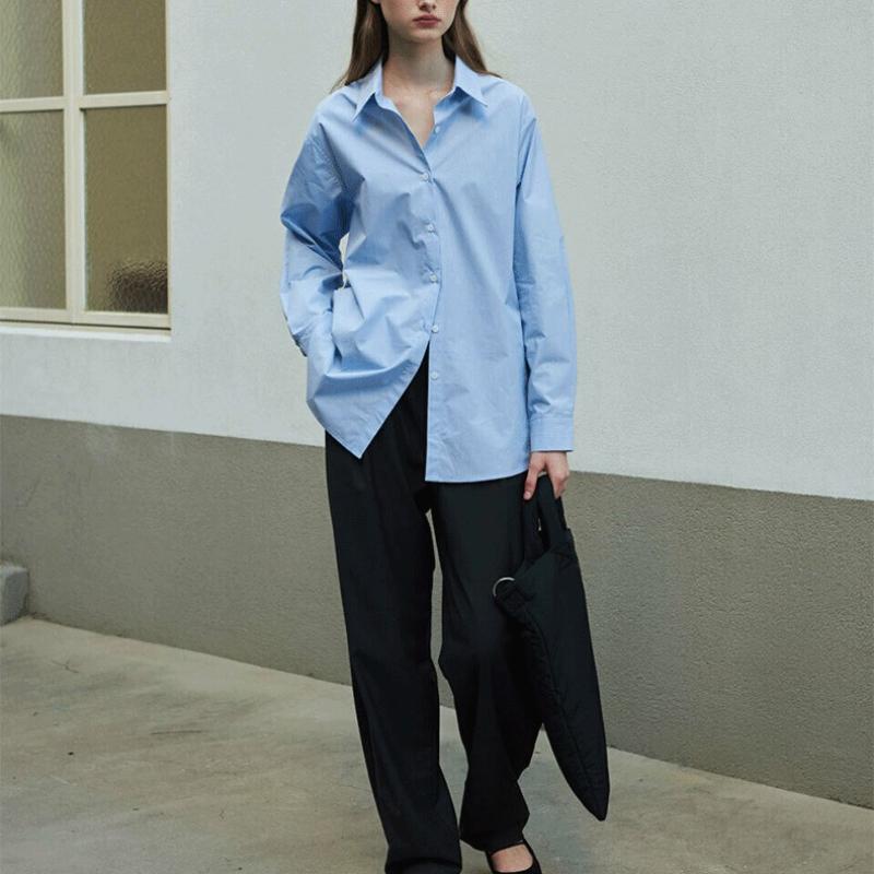 Women Spring Autumn Oversize 100% Cotton Long Sleeve Button Down Shirt, Loose Fit Mid-Length Casual Top