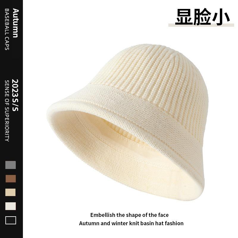 Women S Solid Knit Bucket Hat Korean Style Versatile Face Slimming Winter Hat