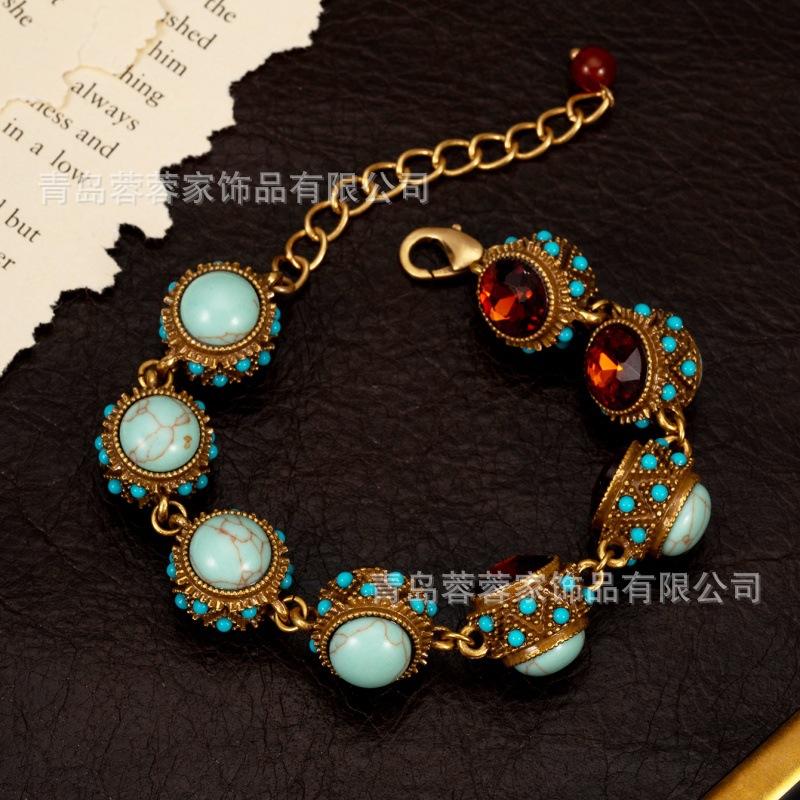 Vintage Jewelry Turquoise Natural Stone Inlaid With Zircon Bracelet Hollow Style