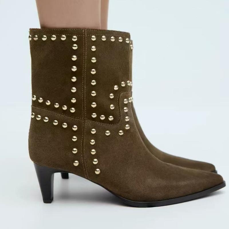2025 Autumn and Winter Rivet Fashion High Heel Chelsea Boots Pointed and Nude Boots High Heels Stiletto Western Boots