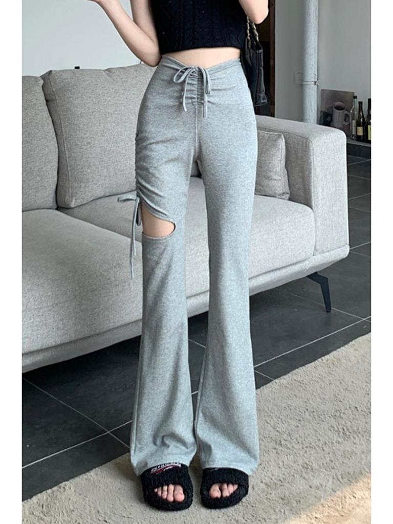 Women's Gray Ripped Micro Flare Drawstring Pants - Trendy, Versatile Summer Niche Casual Wear