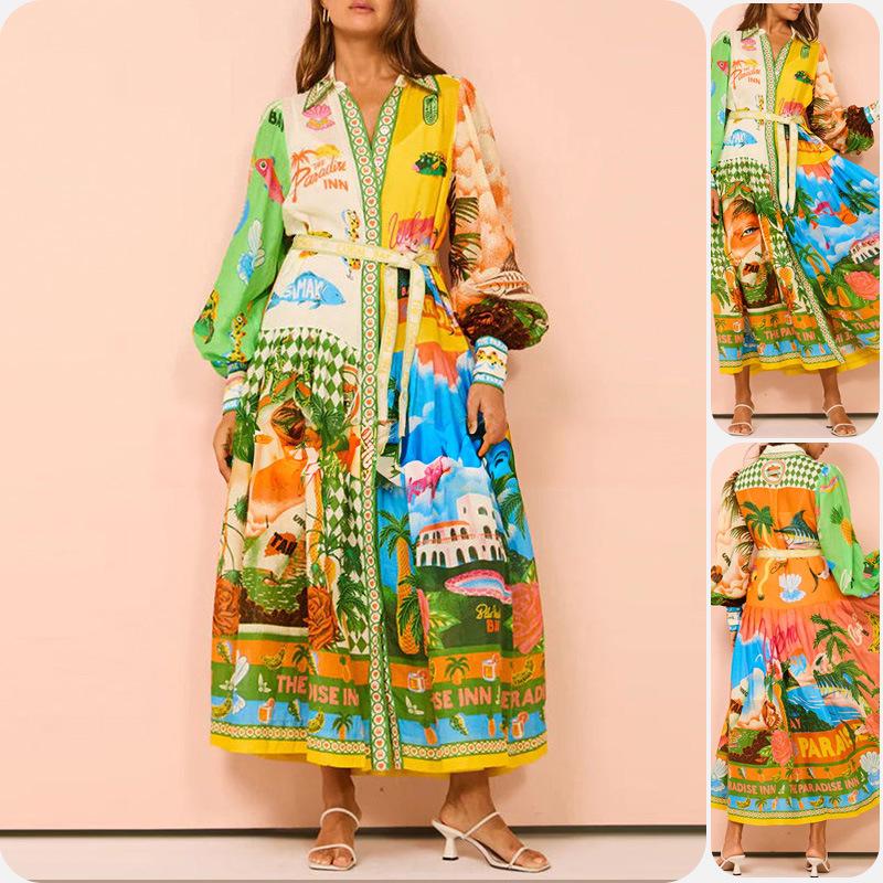 Spring 2026 European & American Women's Fashion: Belted Waist-Cinching Printed Lantern Sleeve Long Dress
