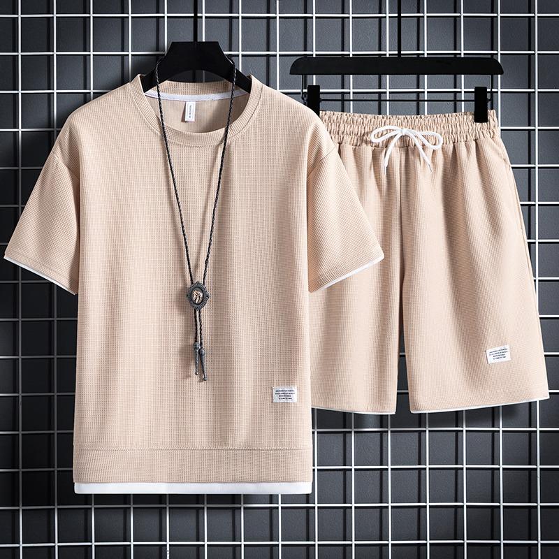 Summer Men s Waffle Sets Casual T-Shirt And Shorts Set L
