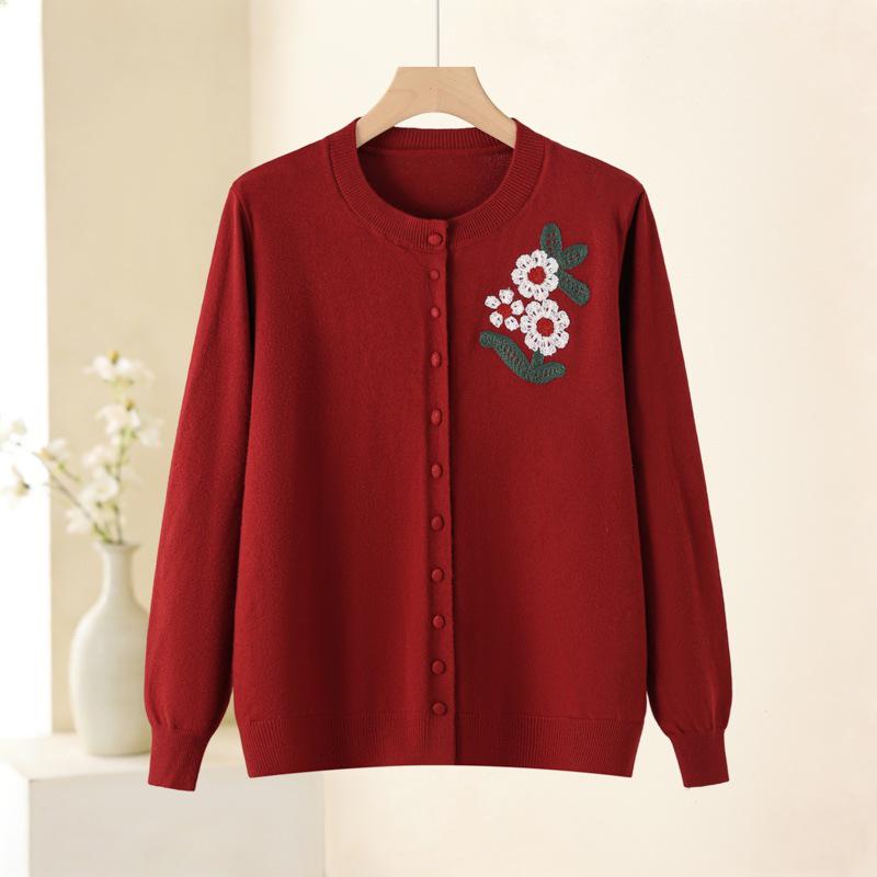 2026 Spring Embroidered Knit Sweater for Middle-aged & Elderly Women - Soft, Loose Button-up Top
