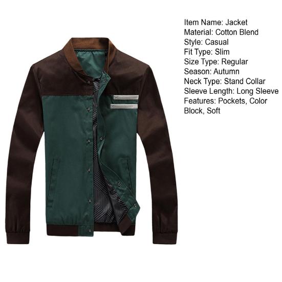 Autumn Men Jacket Color Block Stand Collar Single Breasted Slim Fit Ribbed Cuff Coat Streetwear