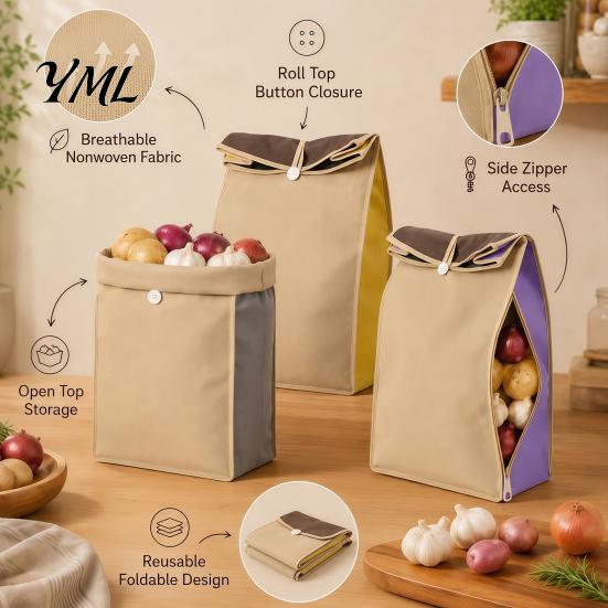 Kitchen Pantry Storage Bags Self Sealing Potato Bag, Breathable Non-woven Roll Top Closures Durable Produce Keepers Organizer, Reusable Large Capacity