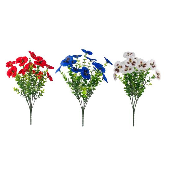4th of July Artificial Pansy Flowers for Outdoor, UV Resistant Faux Silk Patriotic Flowers, Red Blue White Fake Flowers for Planter Front Door Porch