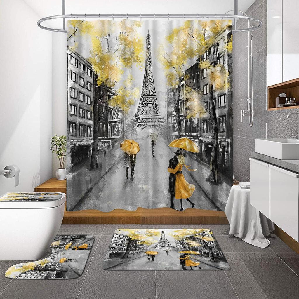 Paris Eiffel Tower Shower Curtain Set With Rugs Waterproof Curtain Bathing Screen Anti-Slip Toilet Lid Cover Rugs Bathroom Decor