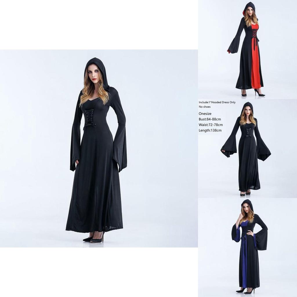 Enchanting Women Gothic Hooded Witch Wizard Dress With Flared Sleeves And Lace Up Design