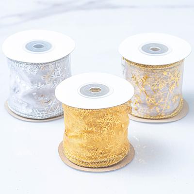 9m Fitas de seda brilhantes Ouro Prata Floco de neve Decoração de árvore de Natal Caixa de presente Embalagem Fita Laço Material